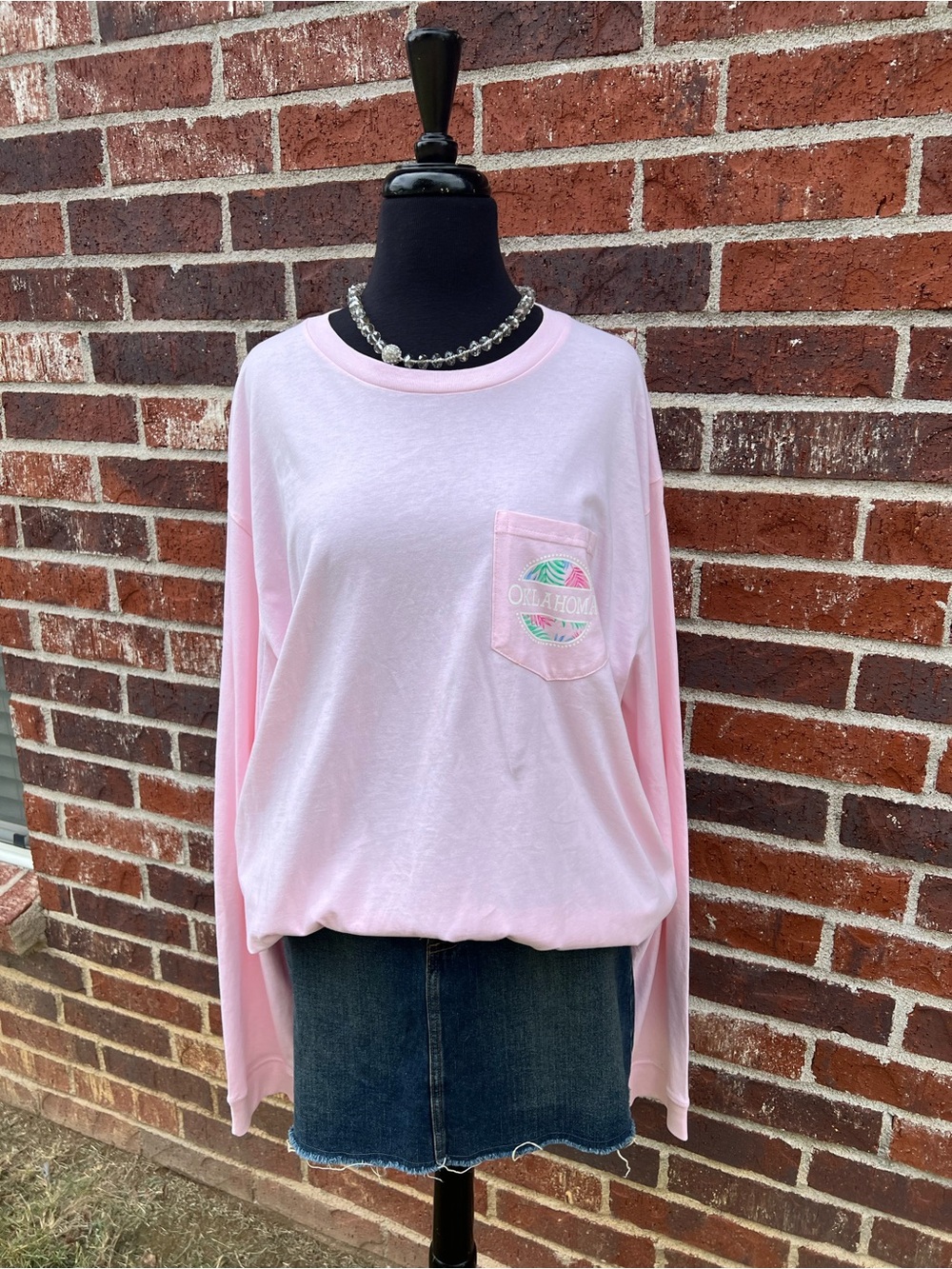 Light Pink Long-Sleeve OU Pocket Tee with Tropical Logo